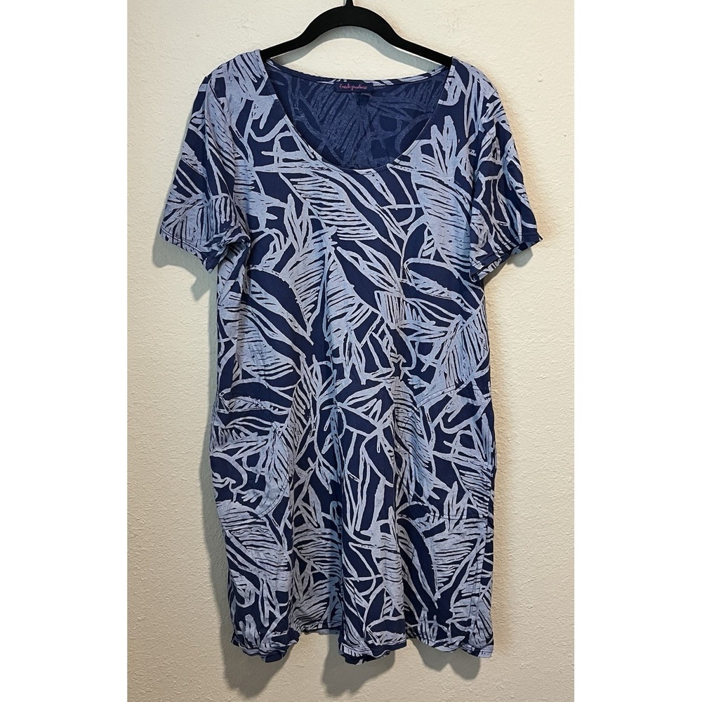 FRESH PRODUCE Scoop Neck Blue Cotton Dress Women's Medium Palm Print Pockets